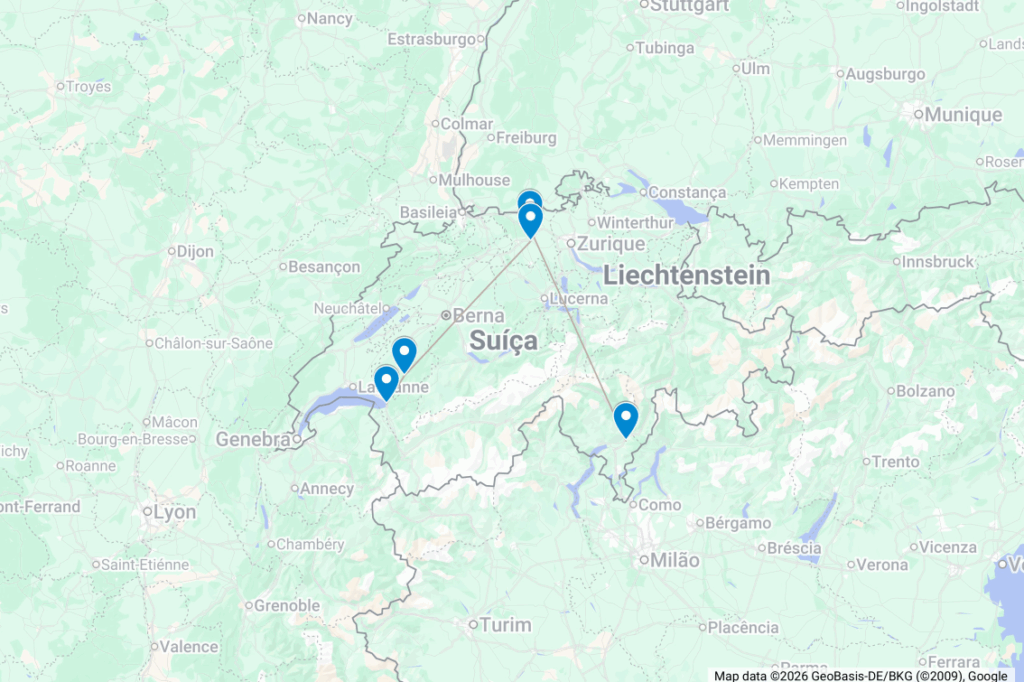 Mapa da Suíça com a localização dos cinco castelos da Rota dos Castelos Reais: Chillon, Gruyères, Habsburg, Lenzburg e Castelgrande