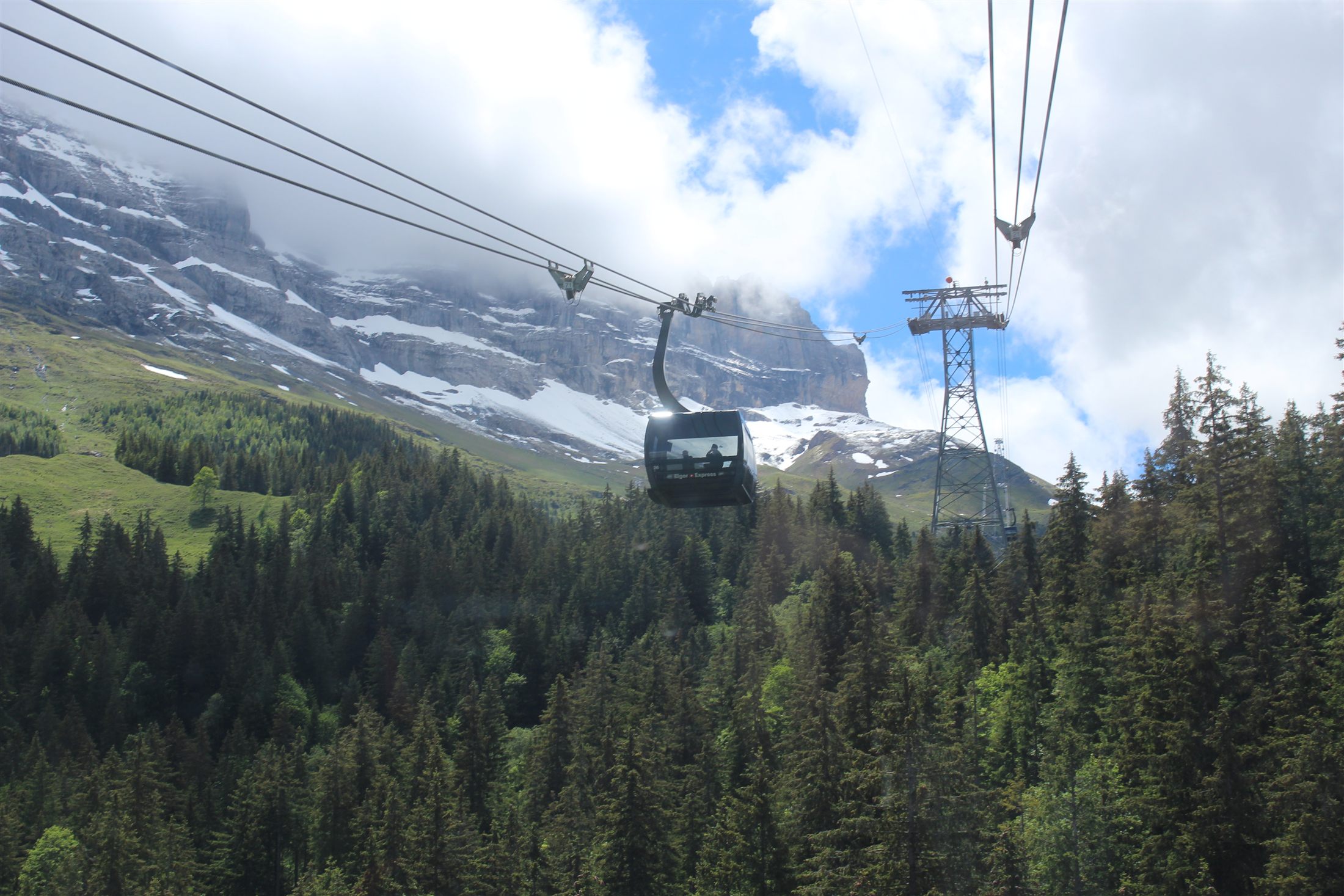 Cabine do teleférico Eiger Express em voo sobre uma floresta de coníferas, com o Eiger e o Mönch nevados ao fundo