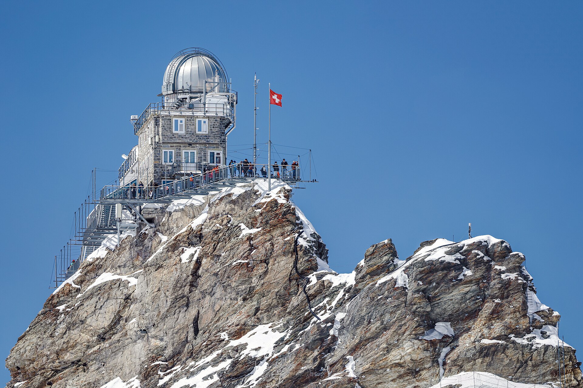 O Observatório Sphinx do Jungfraujoch, a 3.571 m: a cúpula astronômica, o terraço panorâmico e a estação de pesquisa sobre o rochedo