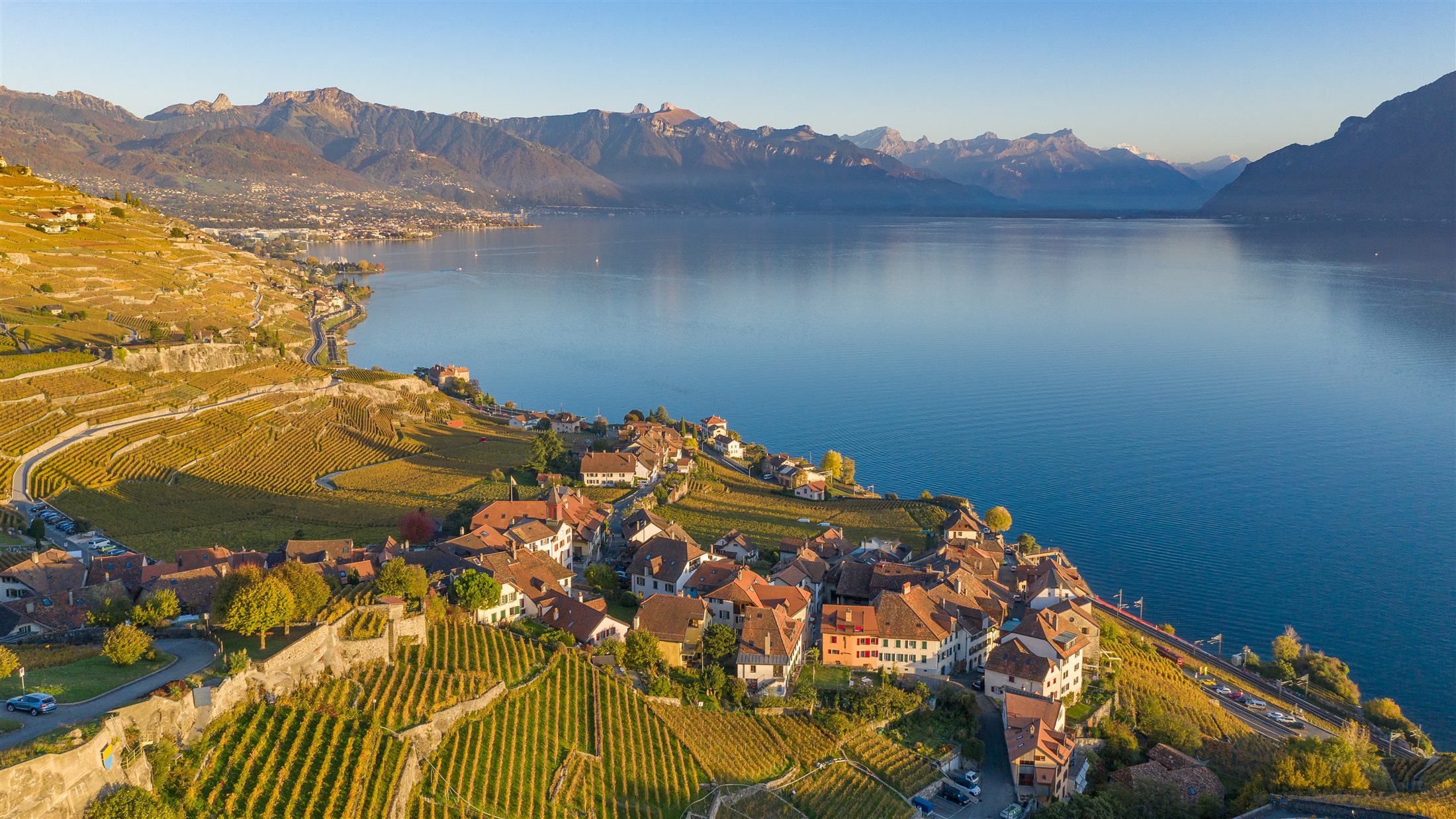 Terraços de vinhedos de Lavaux, Patrimônio Mundial da UNESCO, descendo em degraus até a margem do Lago Genebra