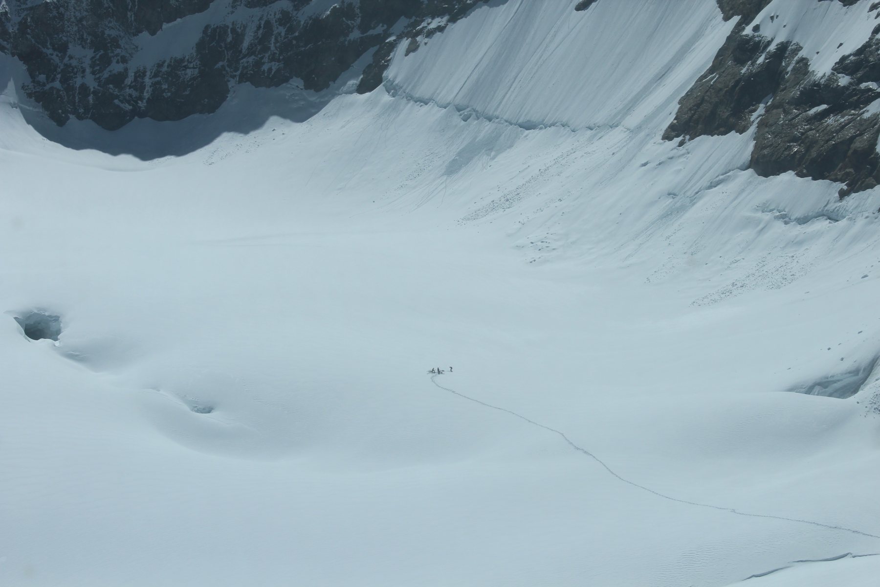 Geleira do Aletsch vista do Jungfraujoch, com alpinistas minúsculos dando a escala do glaciar