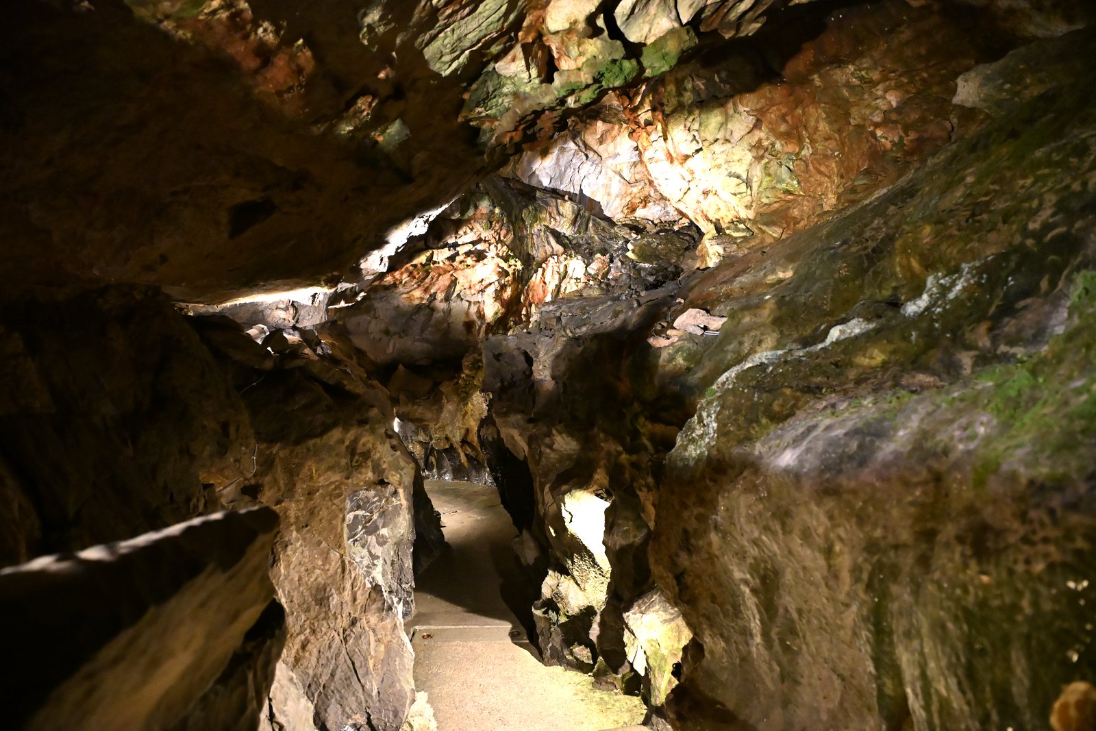 Passagem estreita com degraus, com alga verde crescendo na rocha ao redor das luminárias