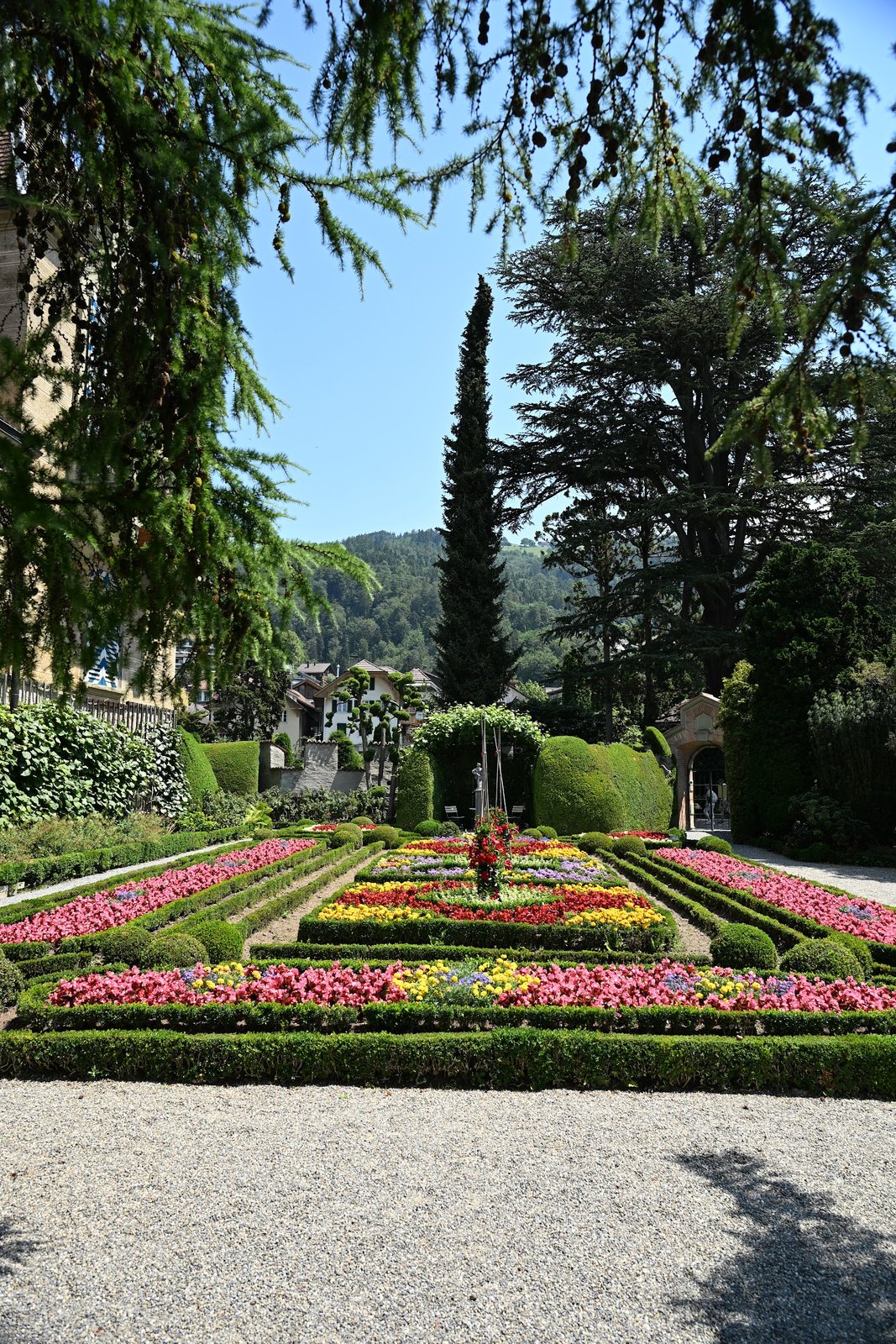 Parterre de flores do Castelo de Oberhofen visto sob os galhos de um cedro, com o pergolado ao fundo