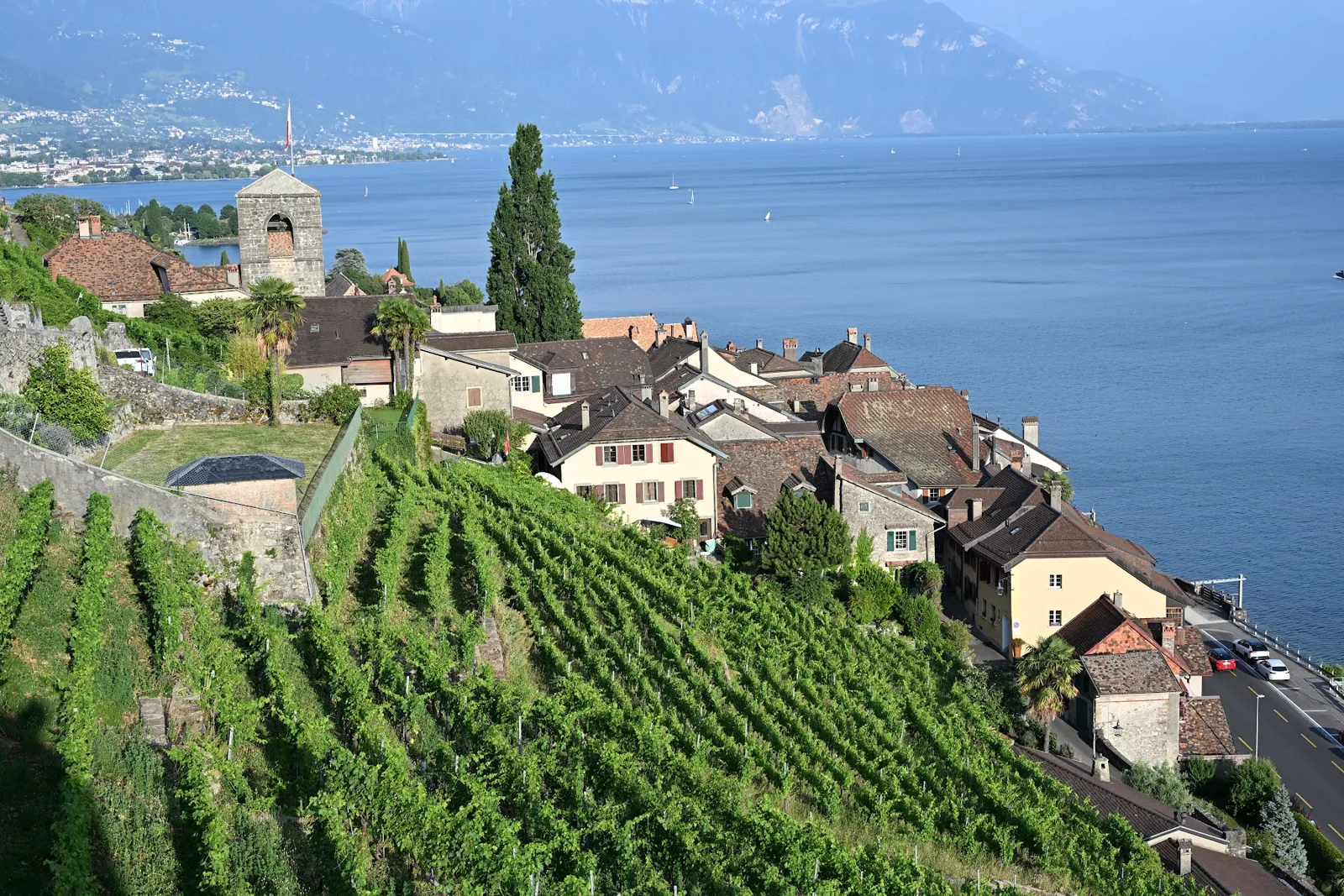 Casas e torre de igreja entre os vinhedos de Lavaux e o Lago Léman