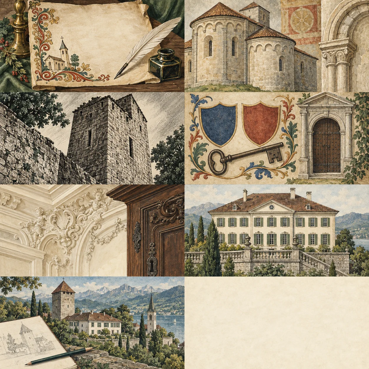 Ilustração interpretativa: manuscrito e motivos de escrita.