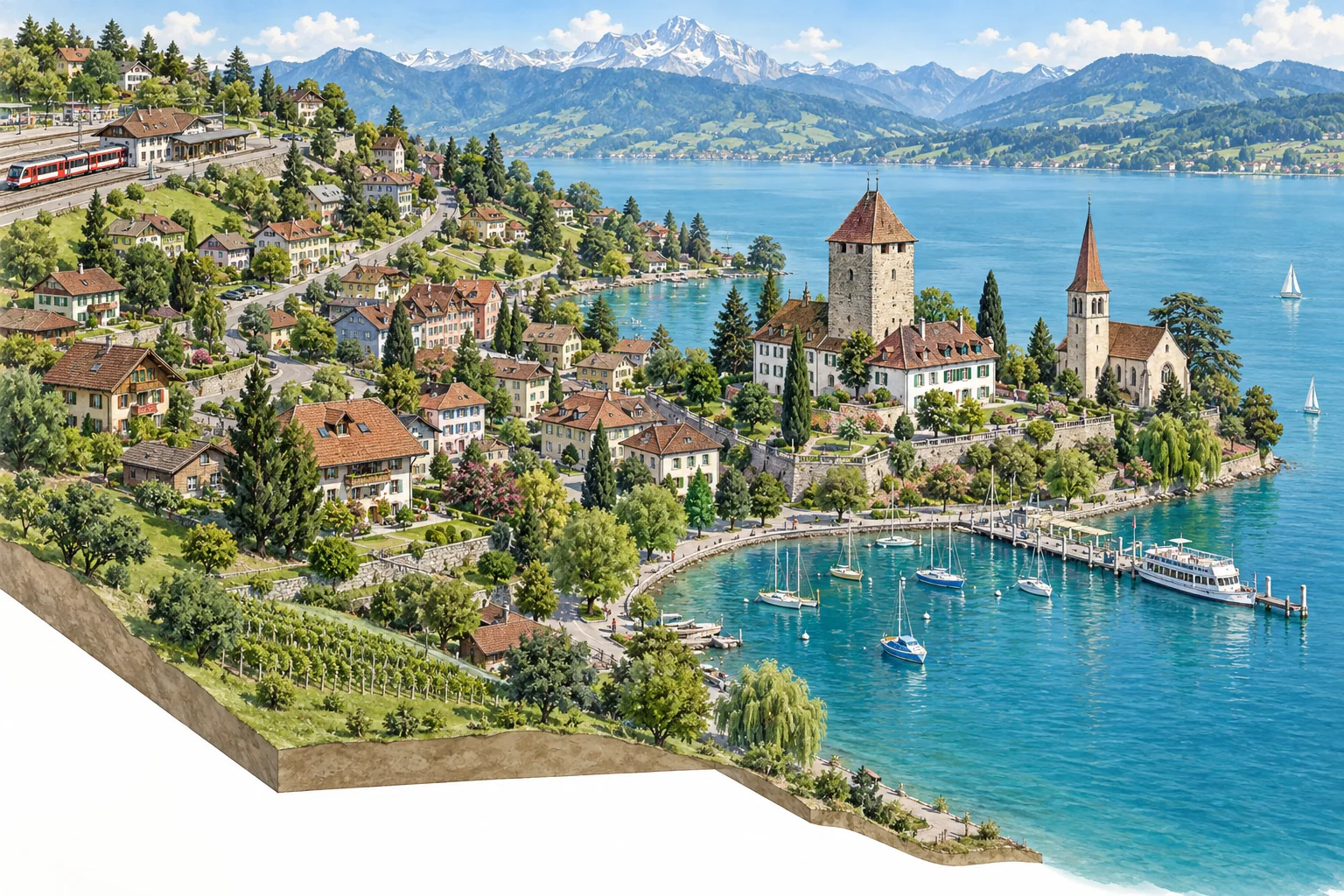 Ilustração esquemática de Spiez: estação na parte alta, cidade descendo até a baía e castelo junto ao lago.
