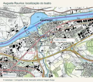 Mapa de orientação de Augusta Raurica com a localização do teatro romano em Augst