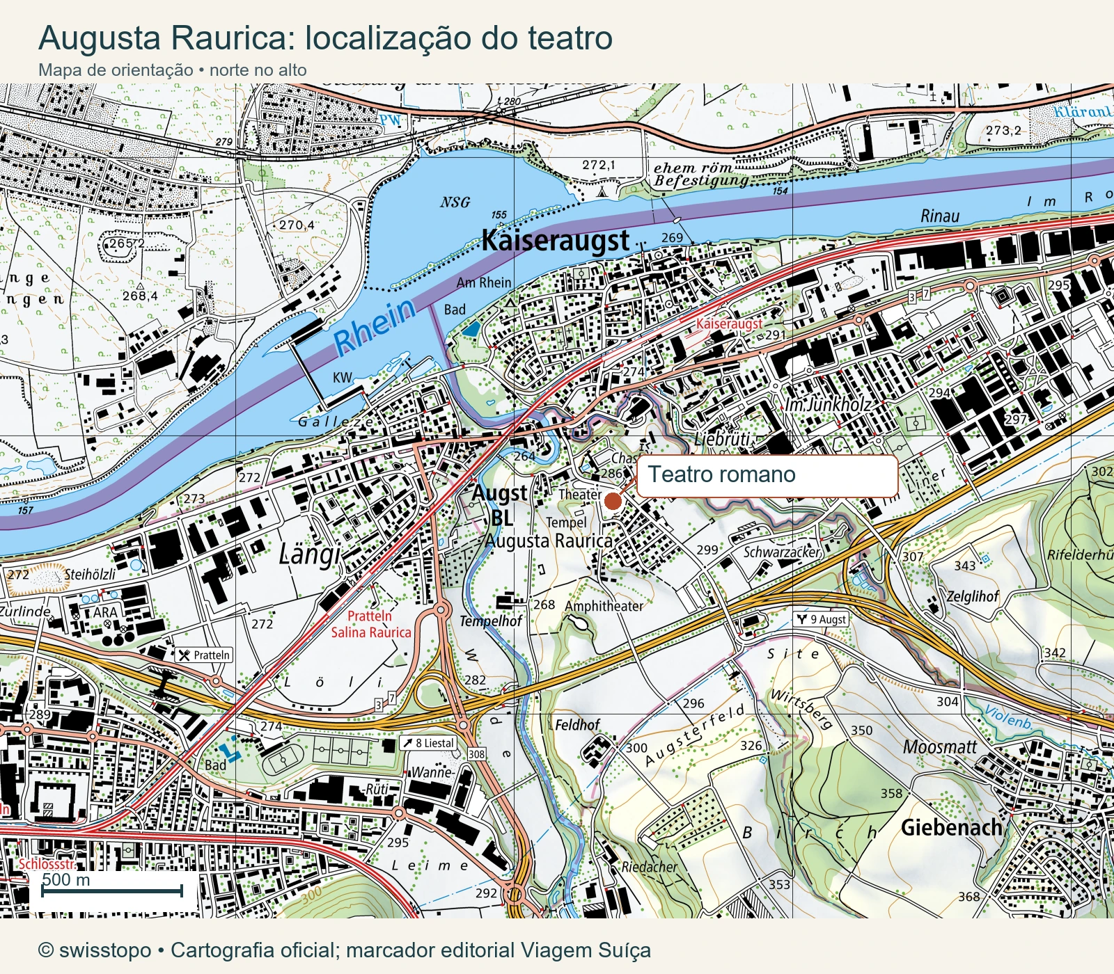 Mapa oficial de Augst e Kaiseraugst, com a área do teatro de Augusta Raurica marcada ao sul do Reno