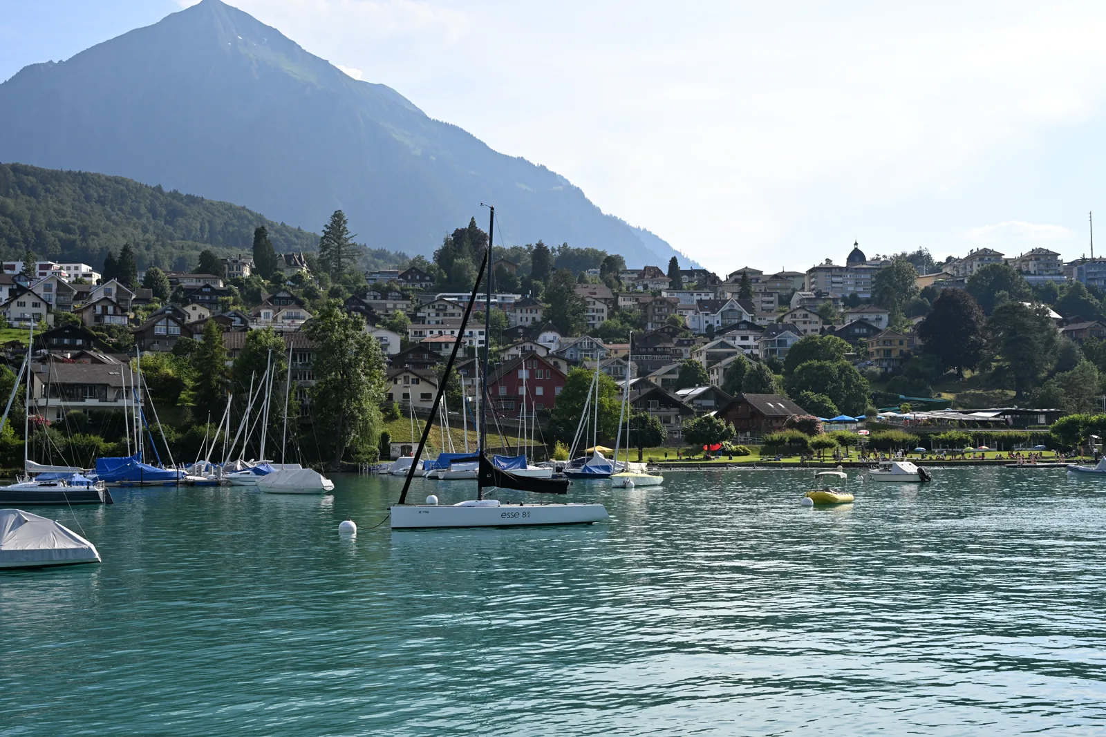 Barcos na baía de Spiez, com casas e encosta ao fundo