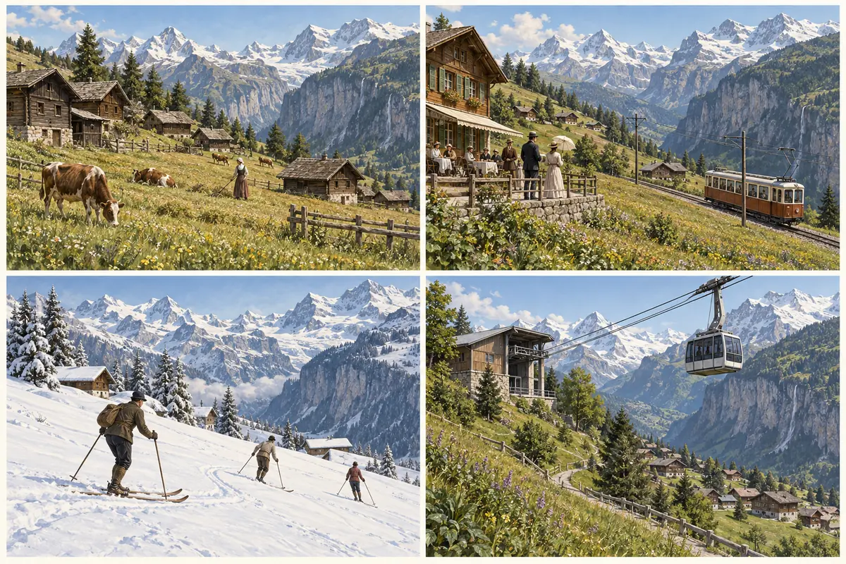 Quatro cenas ilustradas: comunidade agrícola, primeiros hotéis e ferrovia, esqui e transporte por teleférico