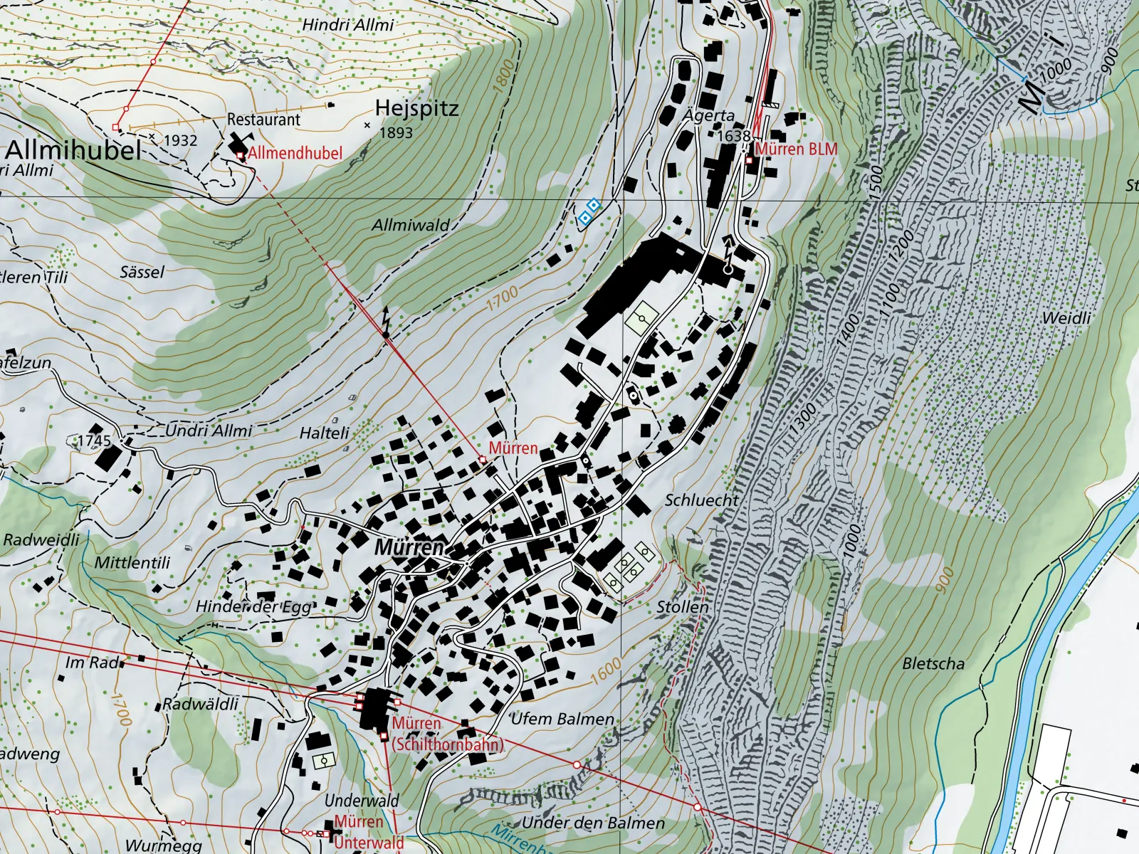 Mapa topográfico de Mürren com as estações BLM, Allmendhubel e Schilthornbahn e o centro esportivo