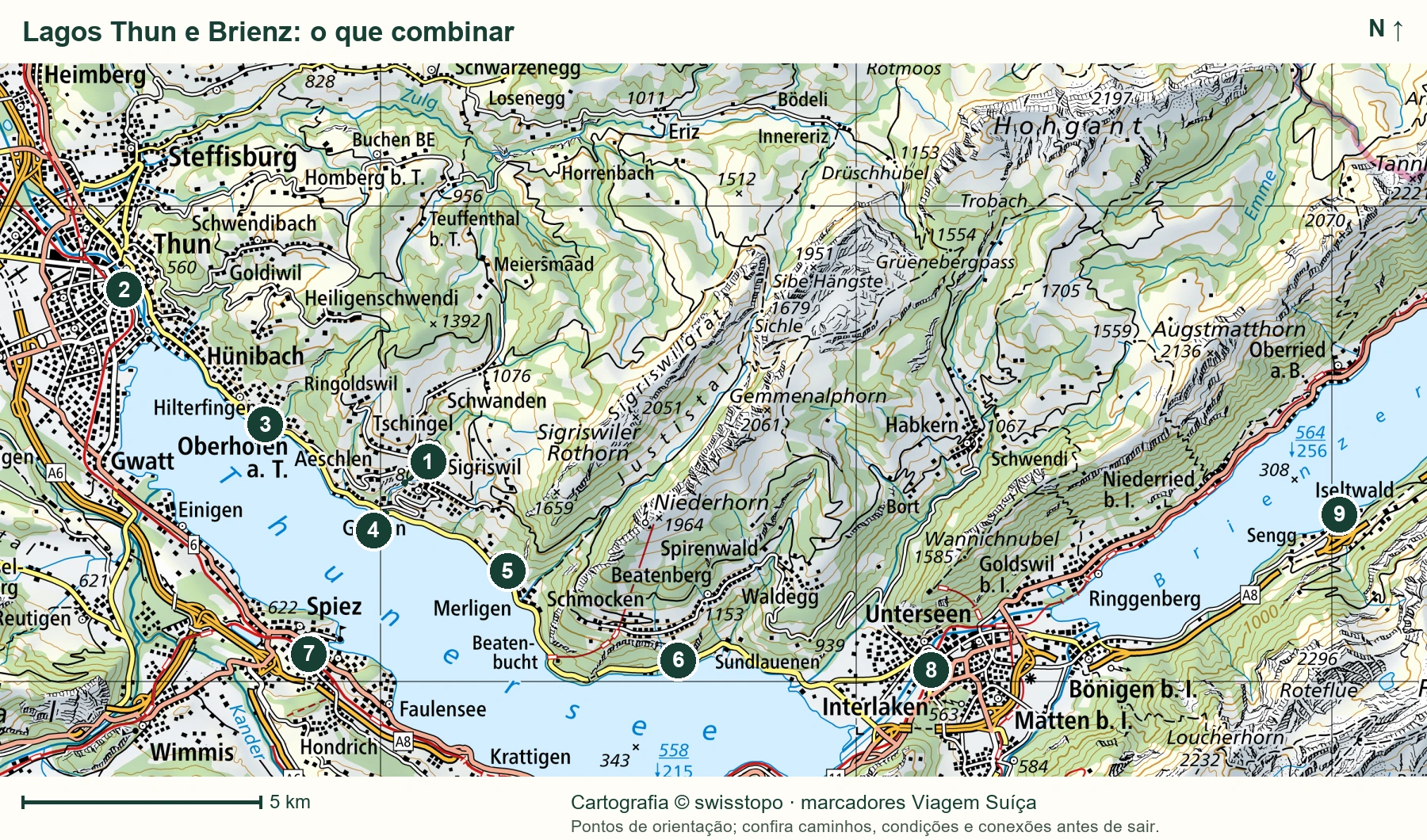 Lagos Thun e Brienz: o que combinar; pontos numerados correspondem à legenda em texto abaixo