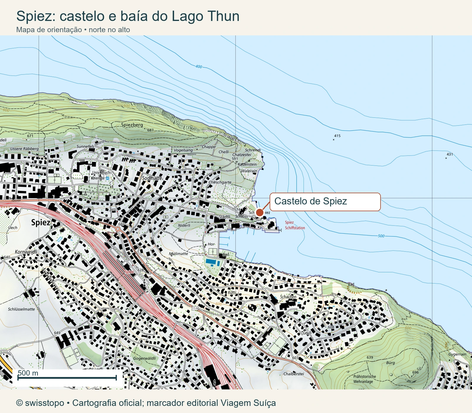 Mapa oficial de Spiez com o castelo, a baía do Lago Thun e a estação ferroviária