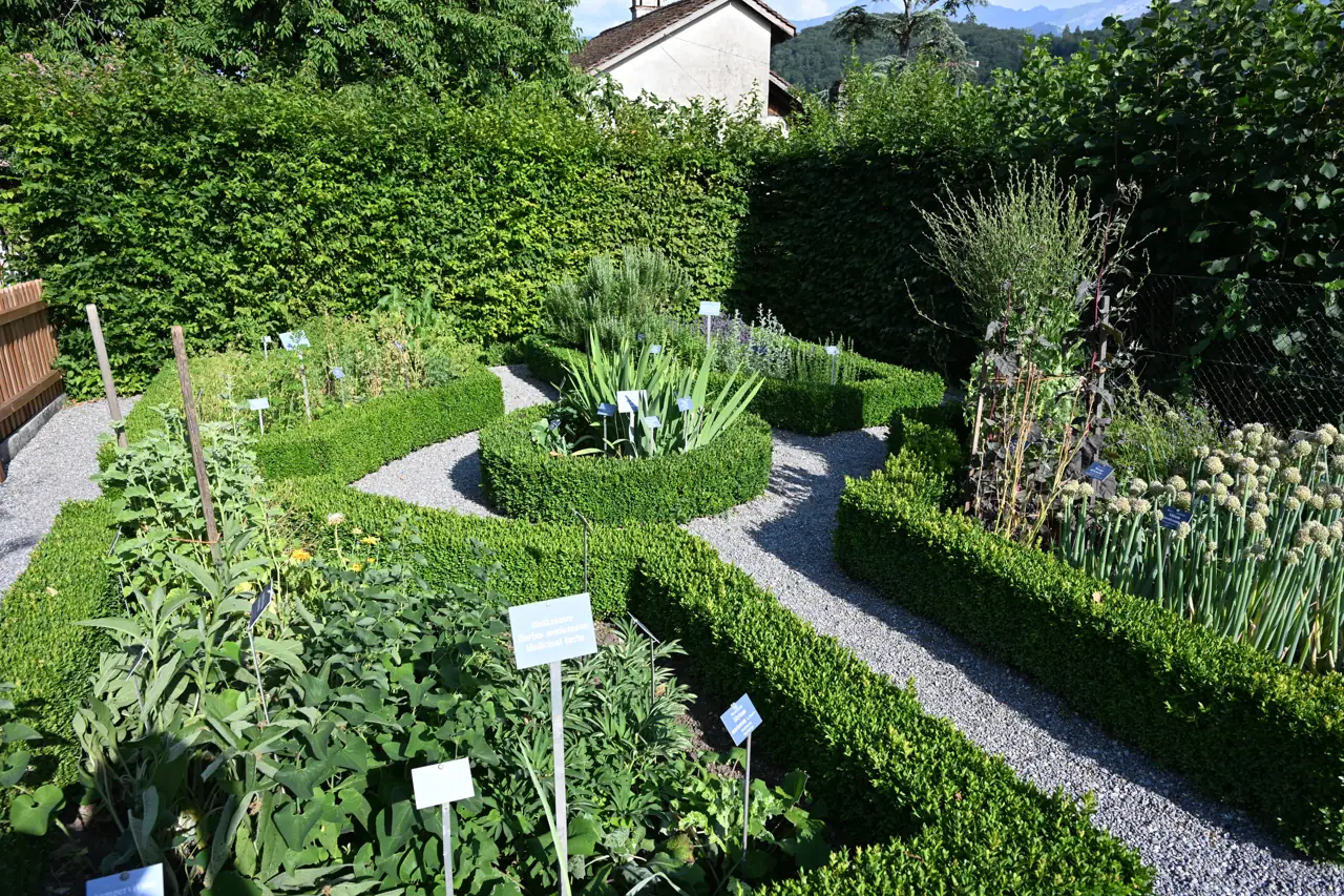 Canteiros de ervas identificadas por placas no jardim do Castelo de Spiez